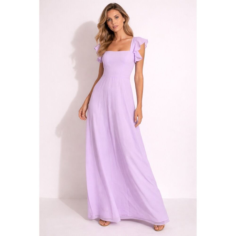 BXZ Lilac Purple Ruffled Square Neck Floor Length A Line Dress 14 NWT
